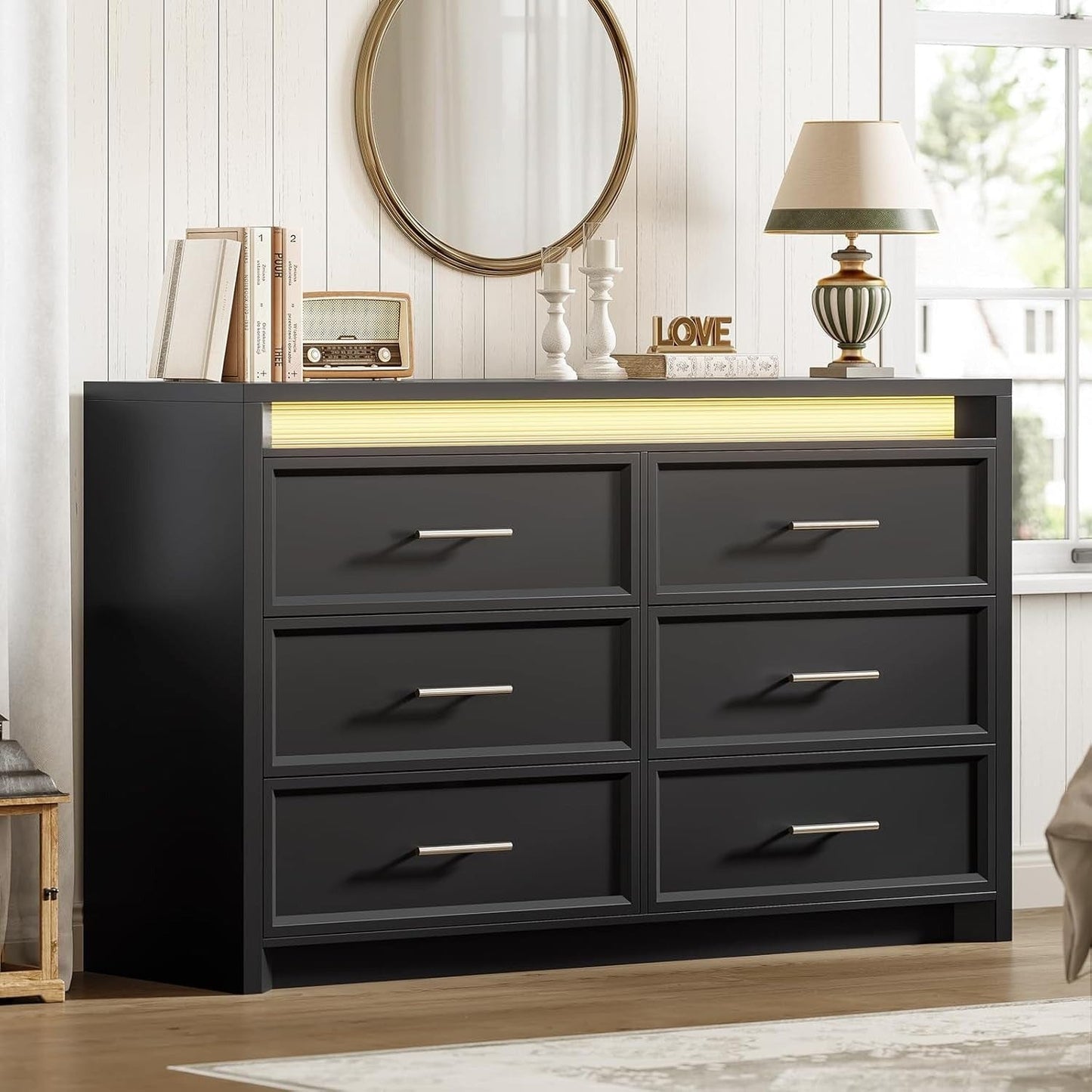 AOGLLATI Dresser Black / Engineered Wood / Modern Black Wide Dresser with Lightbox