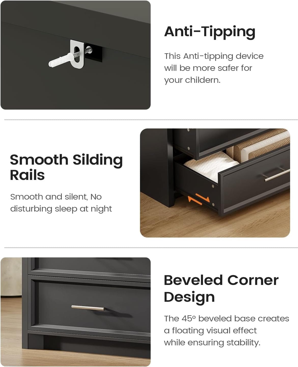 AOGLLATI Dresser Black / Engineered Wood / Modern Black Wide Dresser with Lightbox