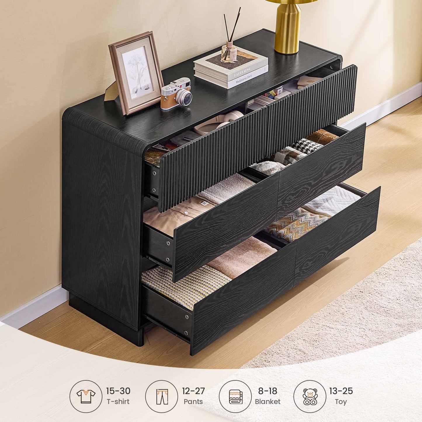 AOGLLATI Dresser Black / Engineered Wood / Modern Mid Century Modern 6-Drawer Dresser Black