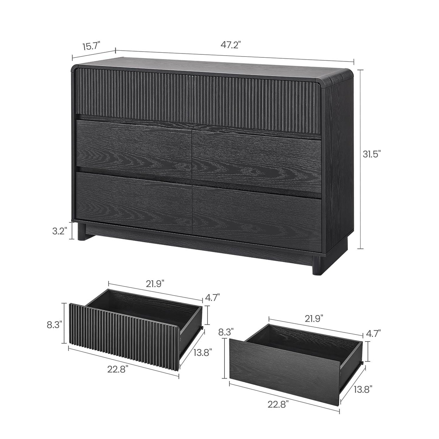 AOGLLATI Dresser Black / Engineered Wood / Modern Mid Century Modern 6-Drawer Dresser Black