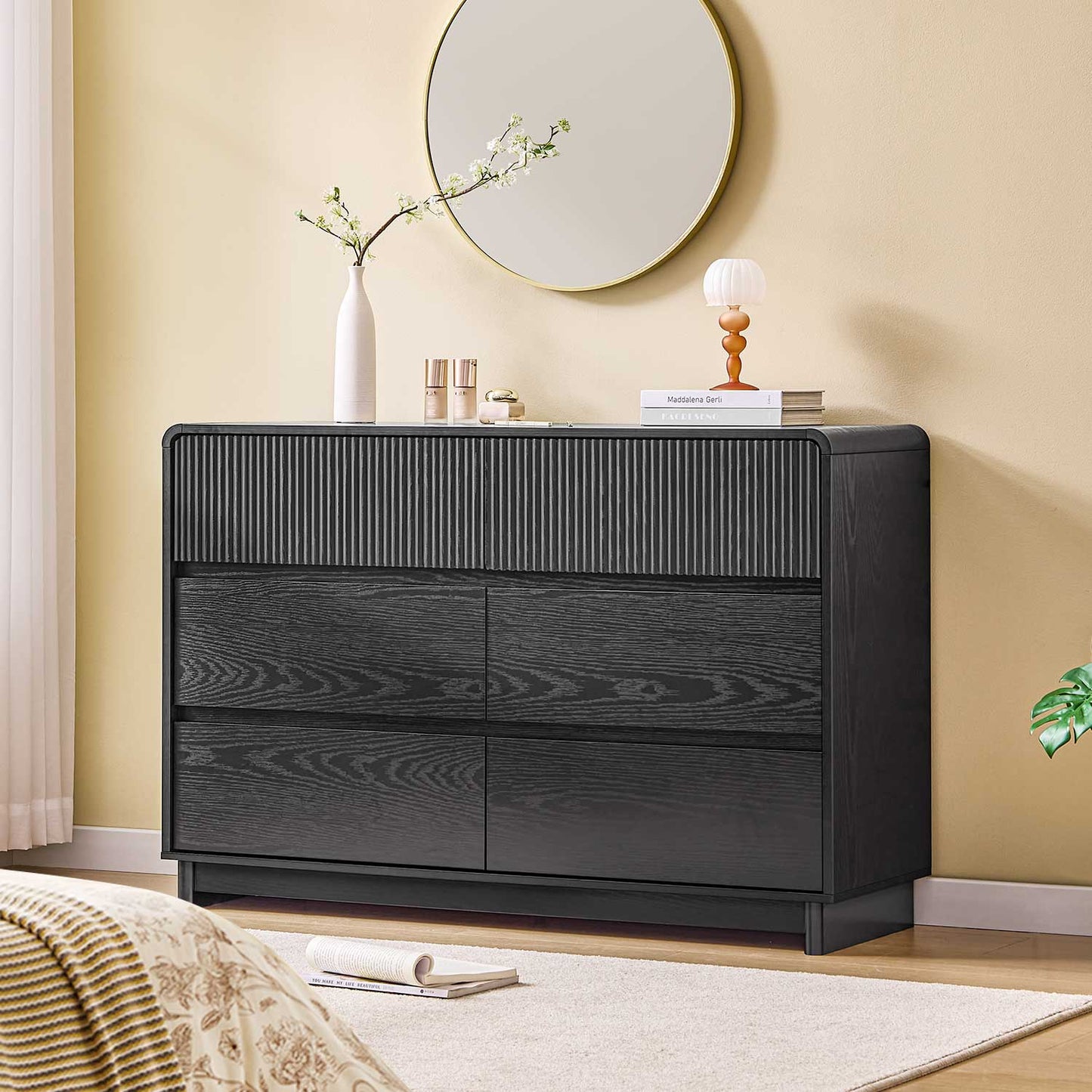 AOGLLATI Dresser Black / Engineered Wood / Modern Mid Century Modern 6-Drawer Dresser Black
