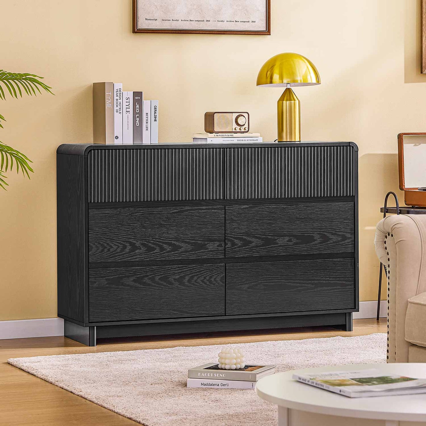 AOGLLATI Dresser Black / Engineered Wood / Modern Mid Century Modern 6-Drawer Dresser Black