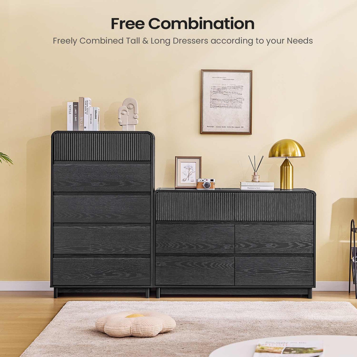 AOGLLATI Dresser Black / Engineered Wood / Modern Mid Century Modern 6-Drawer Dresser Black