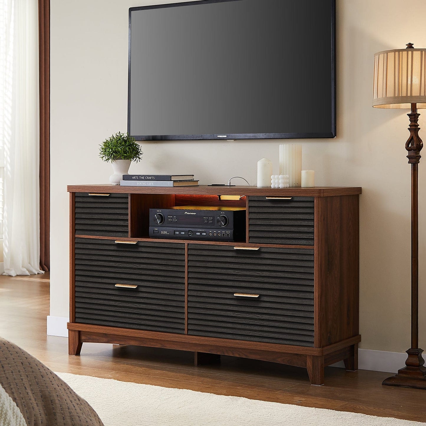 AOGLLATI Dresser Black / Engineered Wood / Retro Retro 6 Drawers Dresser Black