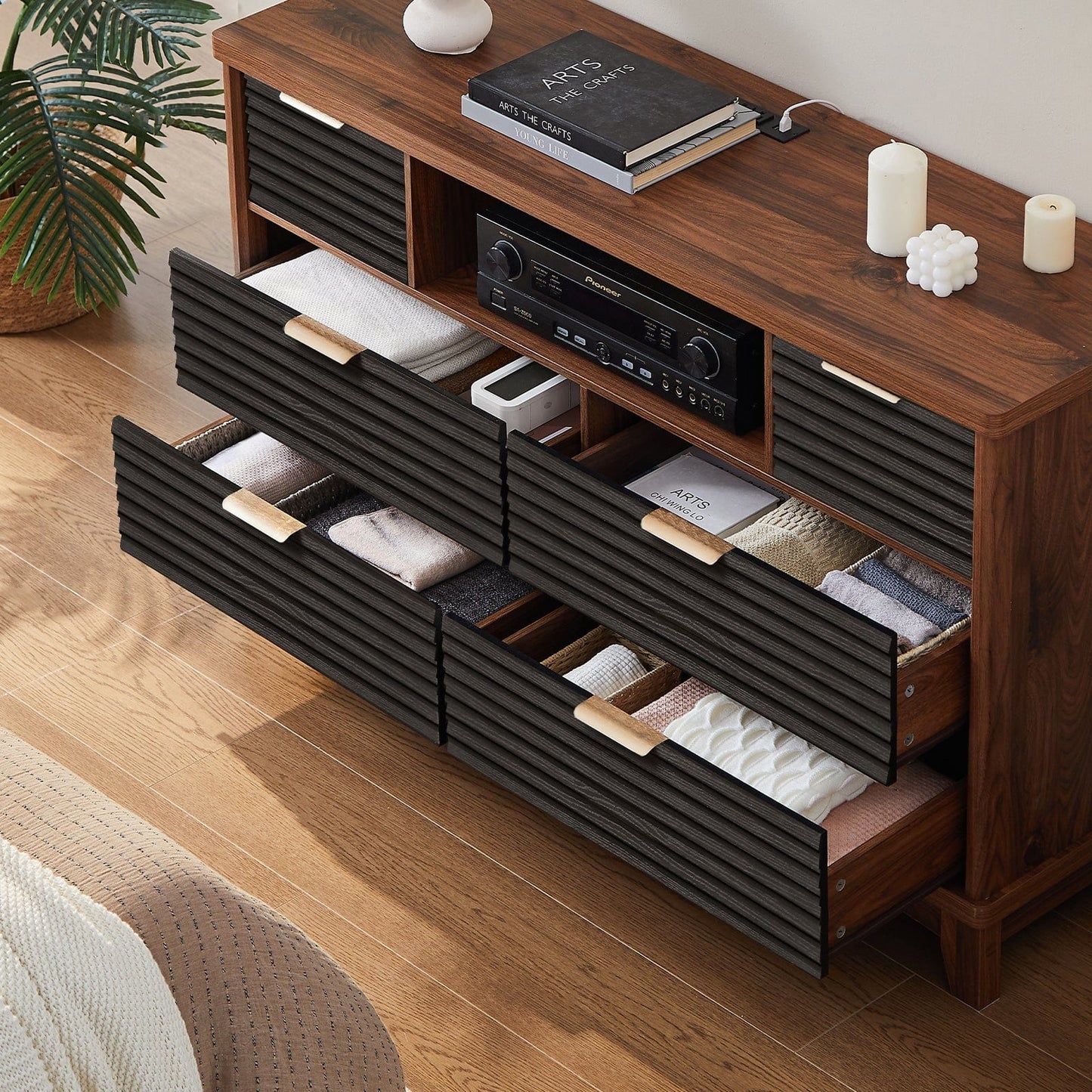 AOGLLATI Dresser Black / Engineered Wood / Retro Retro 6 Drawers Dresser Black