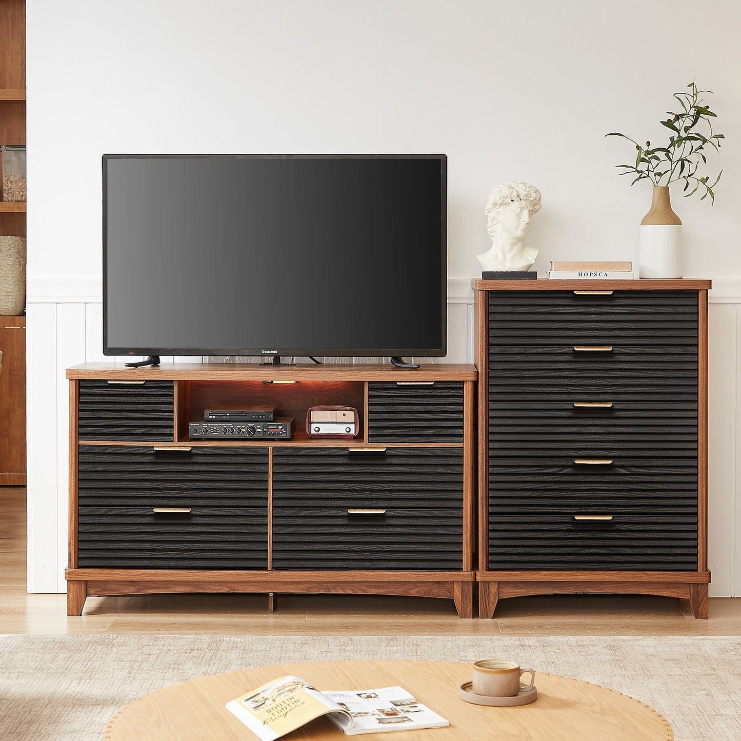 AOGLLATI Dresser Black / Engineered Wood / Retro Retro 6 Drawers Dresser Black