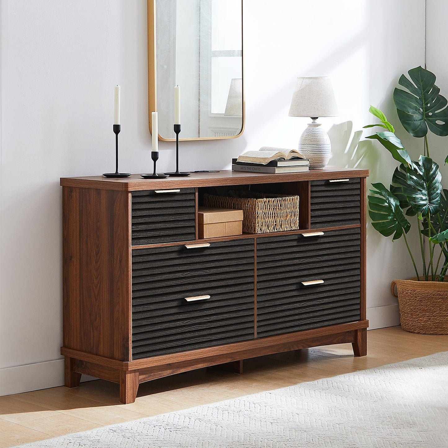 AOGLLATI Dresser Black / Engineered Wood / Retro Retro 6 Drawers Dresser Black