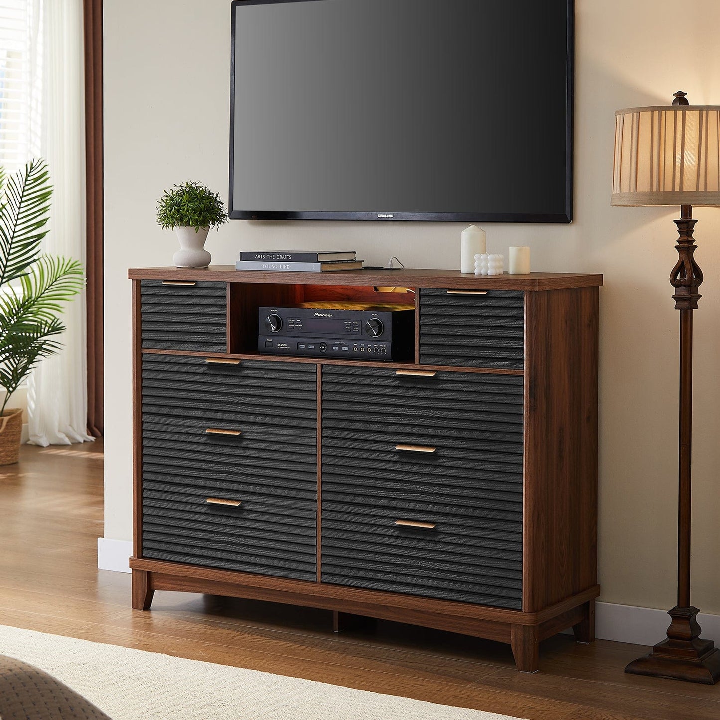 AOGLLATI Dresser Black / Engineered Wood / Retro Retro 8 Drawers Dresser Black
