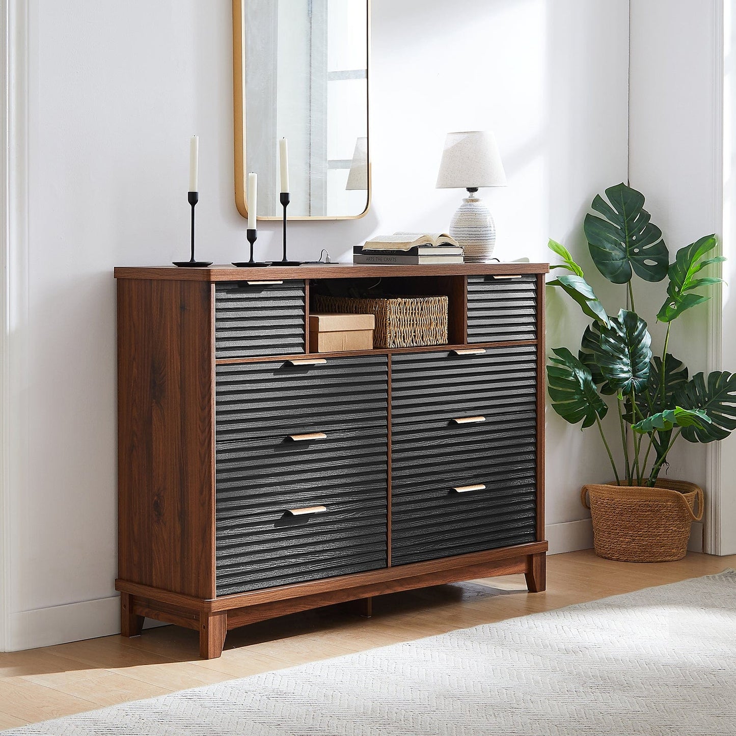 AOGLLATI Dresser Black / Engineered Wood / Retro Retro 8 Drawers Dresser Black