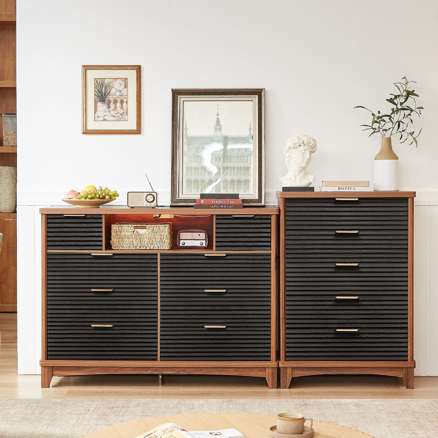 AOGLLATI Dresser Black / Engineered Wood / Retro Retro 8 Drawers Dresser Black