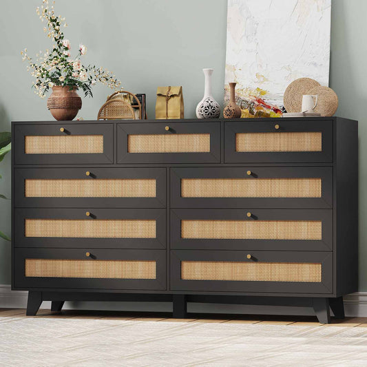 AOGLLATI Dresser Black Rattan Dresser for Bedroom with 9 Drawer Black