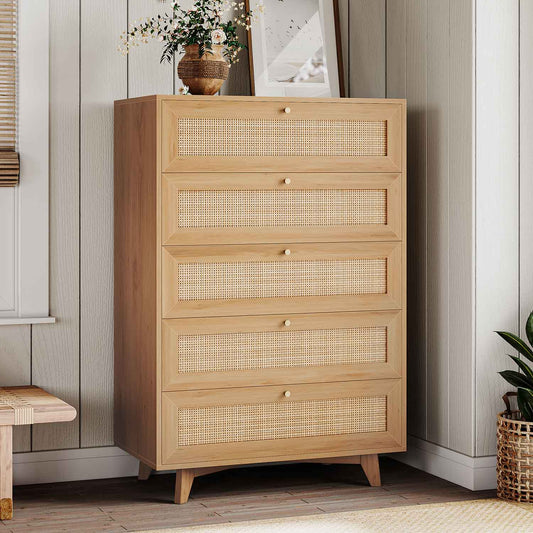 AOGLLATI Dresser Natural / Engineered Wood / Bohemian AOGLLATI Rattan Dresser for Bedroom with 5 Drawer