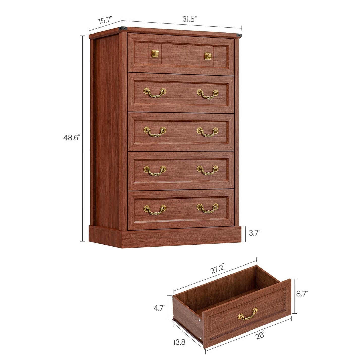 AOGLLATI Dresser Oak Brown / Engineered Wood / Modern Farmhouse Tall 5 Drawers Dresser for Bedroom Antique Oak Brown