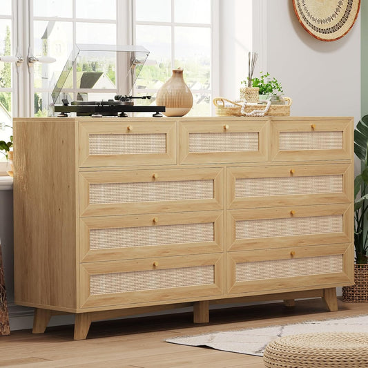 AOGLLATI Dresser Rattan / Engineered Wood / Bohemian Rattan 9 Drawer Dresser Wood