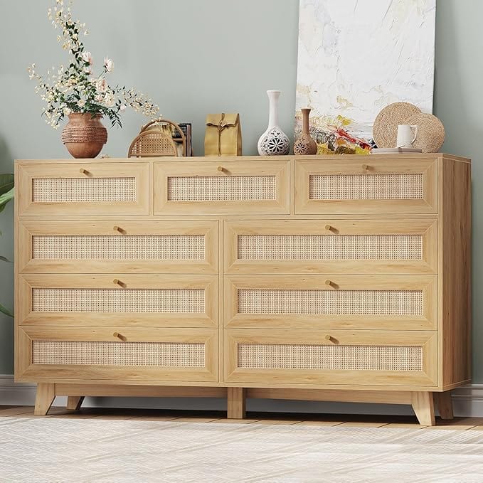 AOGLLATI Dresser Rattan / Engineered Wood / Bohemian Rattan 9 Drawer Dresser Wood