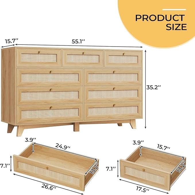 AOGLLATI Dresser Rattan / Engineered Wood / Bohemian Rattan 9 Drawer Dresser Wood