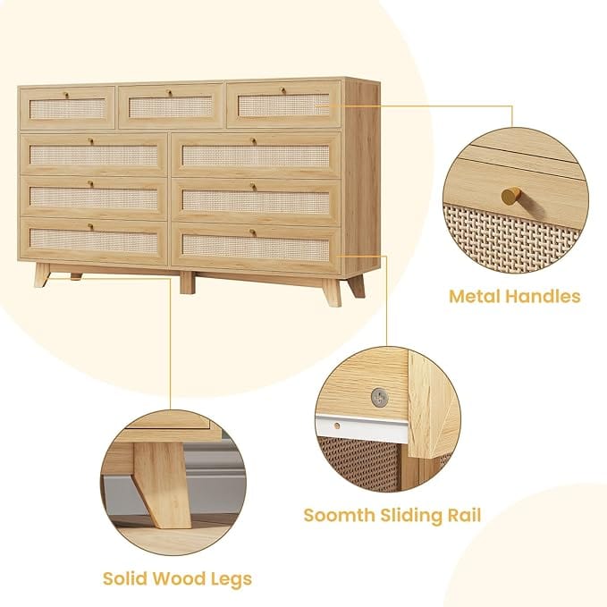 AOGLLATI Dresser Rattan / Engineered Wood / Bohemian Rattan 9 Drawer Dresser Wood