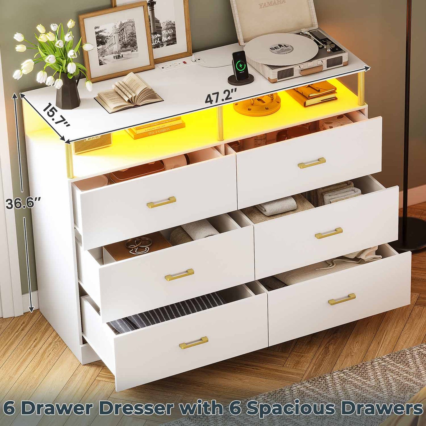 AOGLLATI Dresser White / Engineered Wood / Modern AOGLLATI Dresser for Bedroom with 6 Drawers White