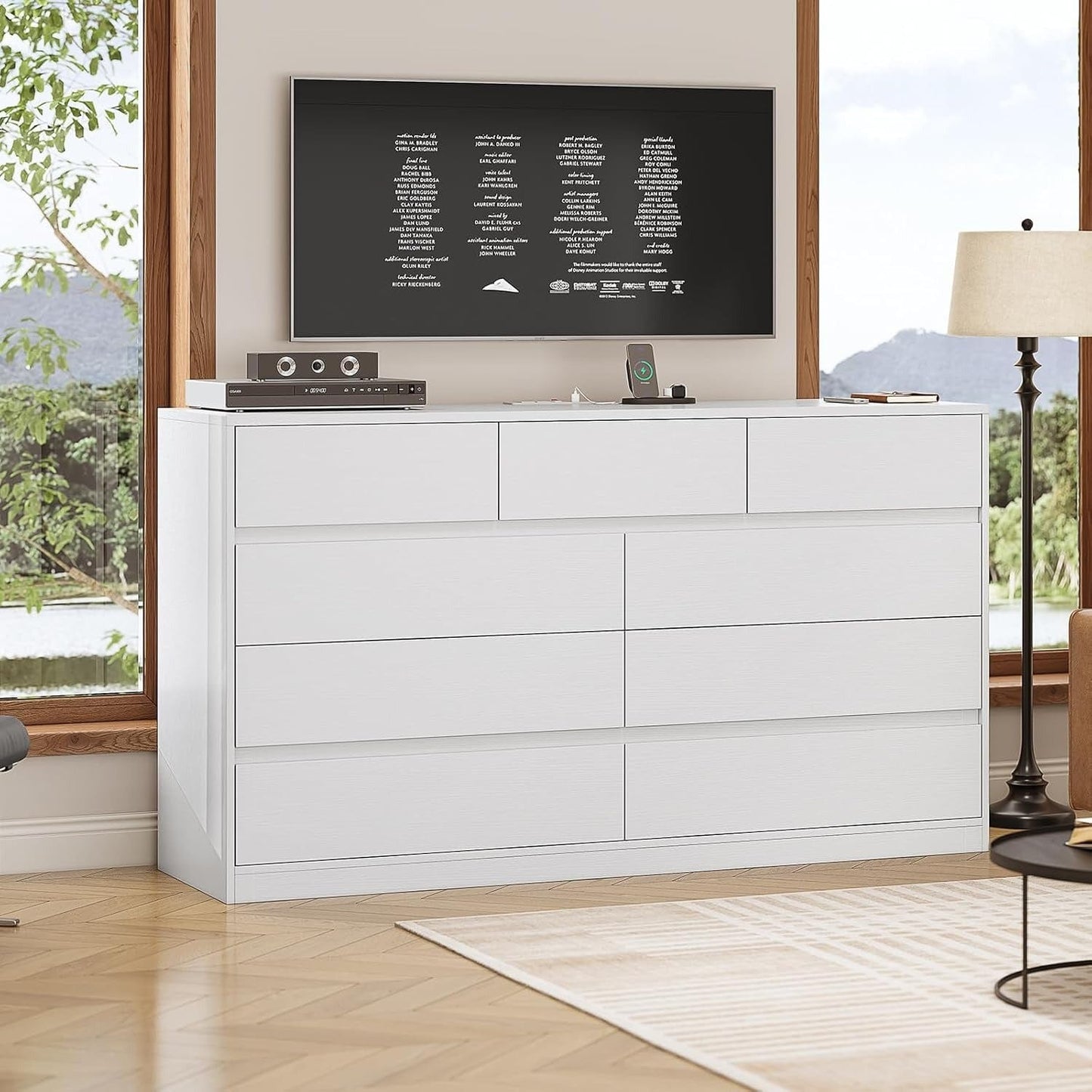 AOGLLATI Dresser White / Engineered Wood / Modern AOGLLATI Modern Wooden White Dresser with 9 Drawers and Charging Station