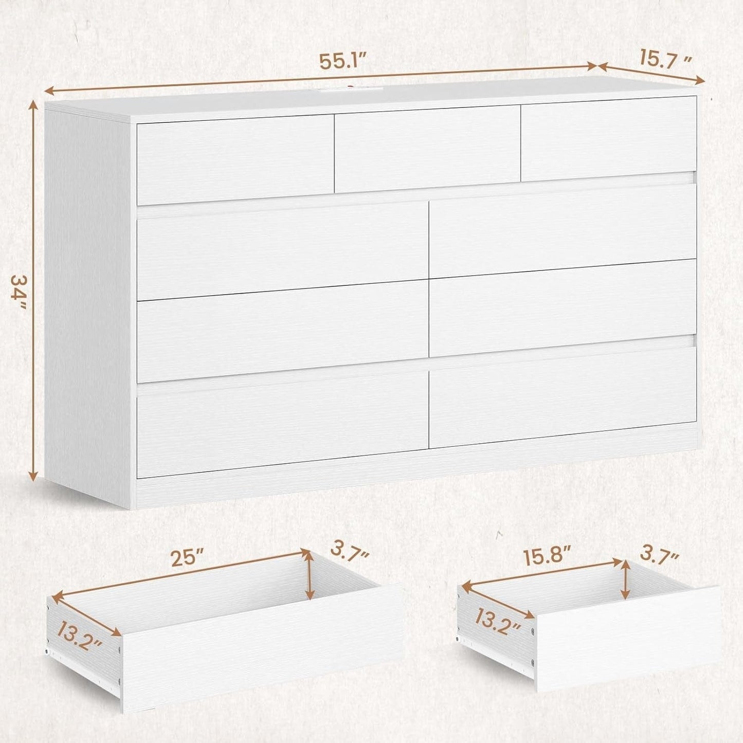 AOGLLATI Dresser White / Engineered Wood / Modern AOGLLATI Modern Wooden White Dresser with 9 Drawers and Charging Station