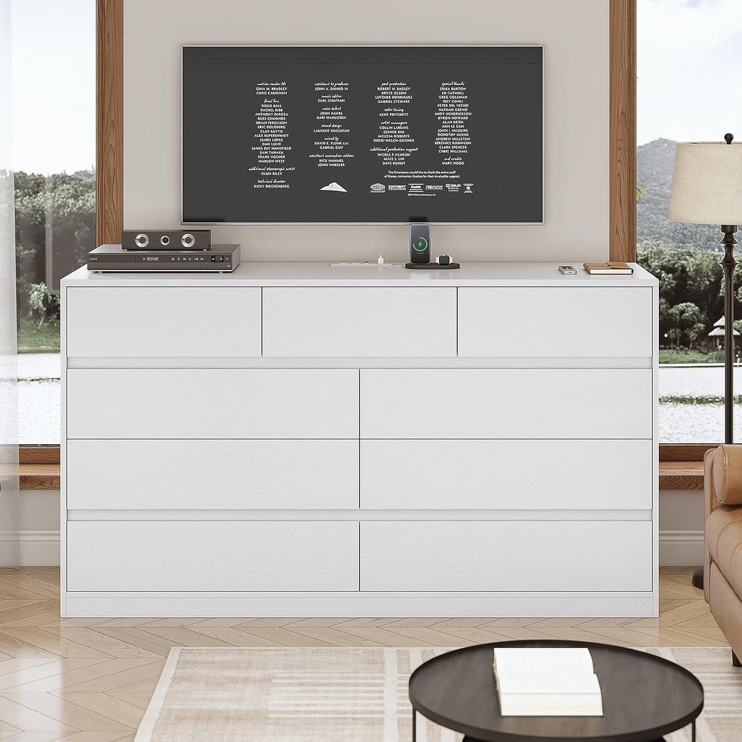 AOGLLATI Dresser White / Engineered Wood / Modern AOGLLATI Modern Wooden White Dresser with 9 Drawers and Charging Station