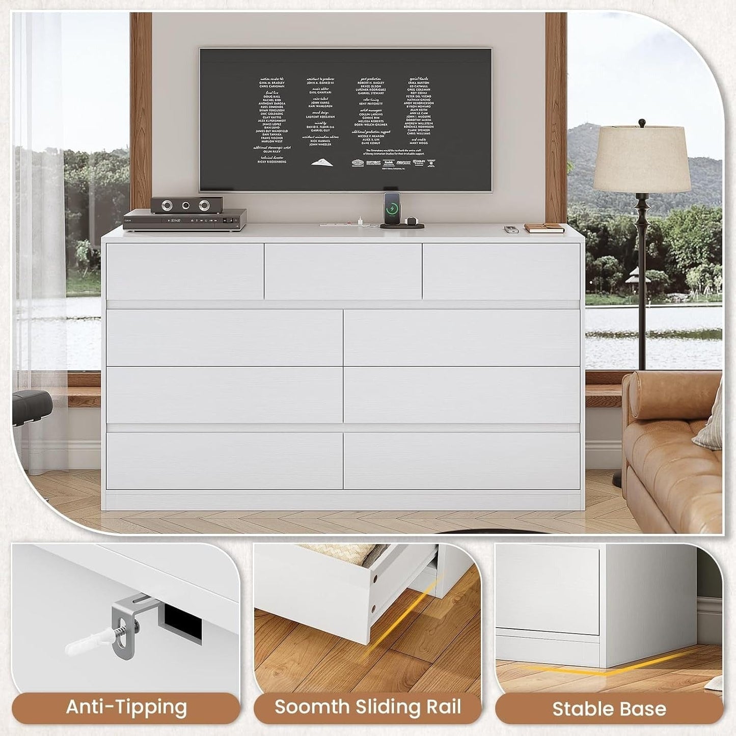 AOGLLATI Dresser White / Engineered Wood / Modern AOGLLATI Modern Wooden White Dresser with 9 Drawers and Charging Station
