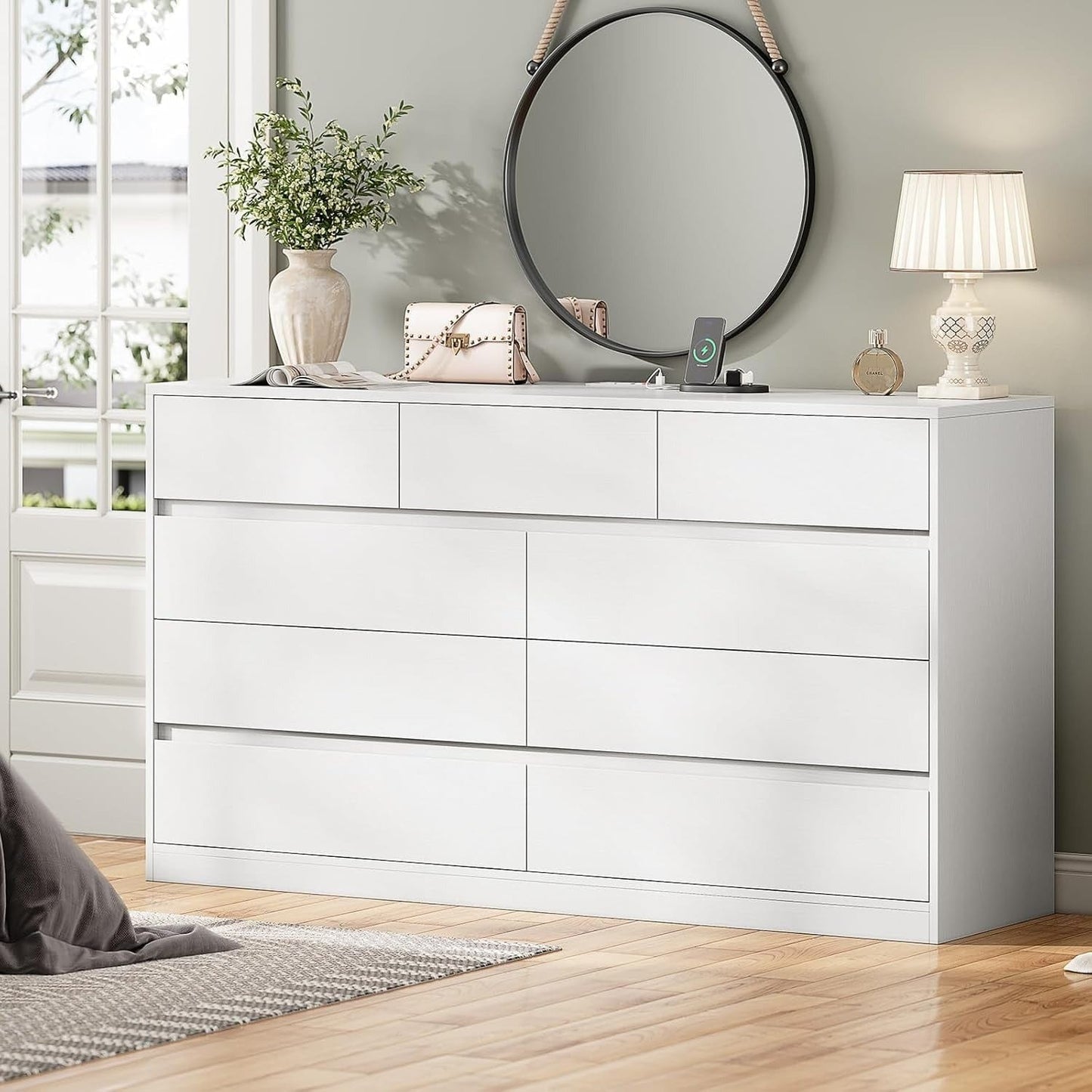AOGLLATI Dresser White / Engineered Wood / Modern AOGLLATI Modern Wooden White Dresser with 9 Drawers and Charging Station