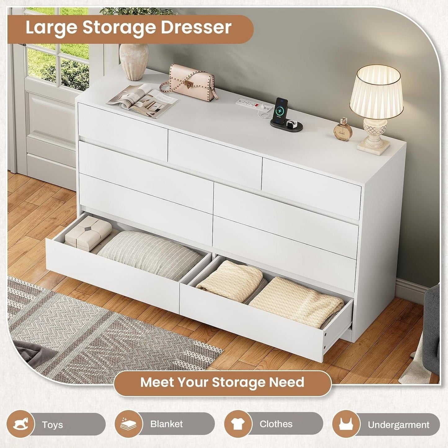 AOGLLATI Dresser White / Engineered Wood / Modern AOGLLATI Modern Wooden White Dresser with 9 Drawers and Charging Station
