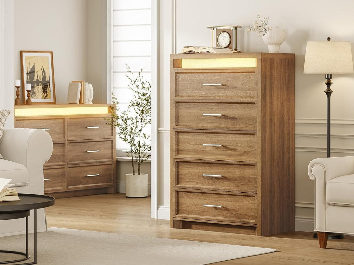 AOGLLATI Dresser Wood / Engineered Wood / Modern Wood Tall Dresser with Lightbox