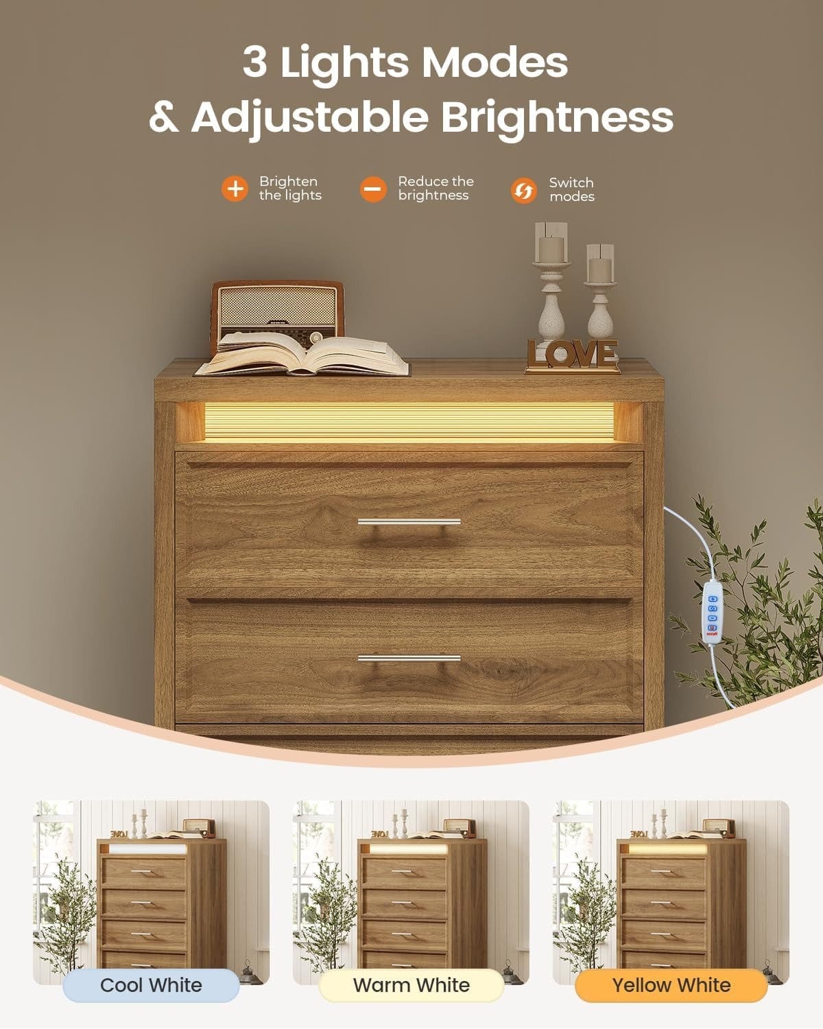 AOGLLATI Dresser Wood / Engineered Wood / Modern Wood Tall Dresser with Lightbox
