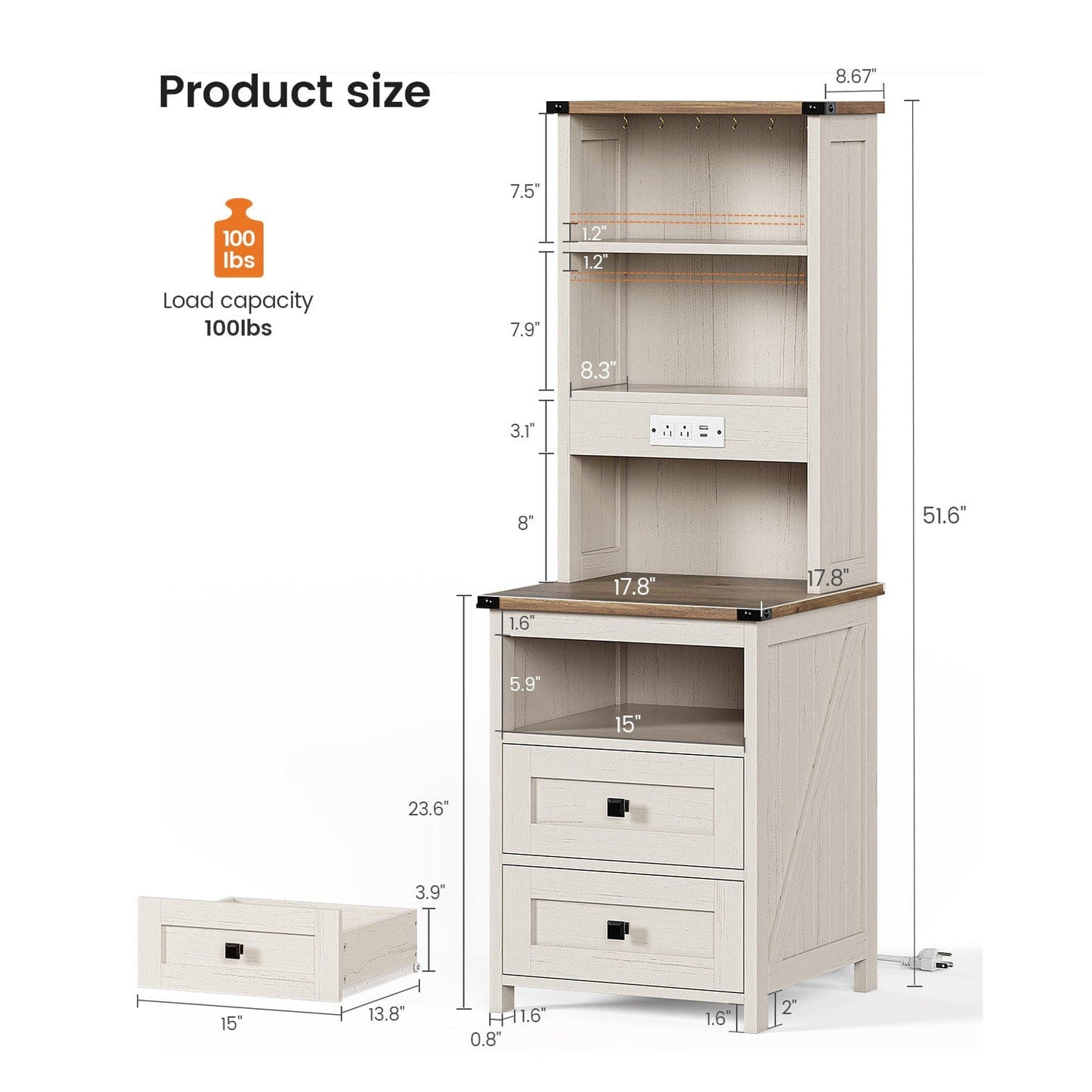 AOGLLATI Nightstands Antique White / Engineered Wood / Farmhouse Tall Nightstand with Charging Station Antique White