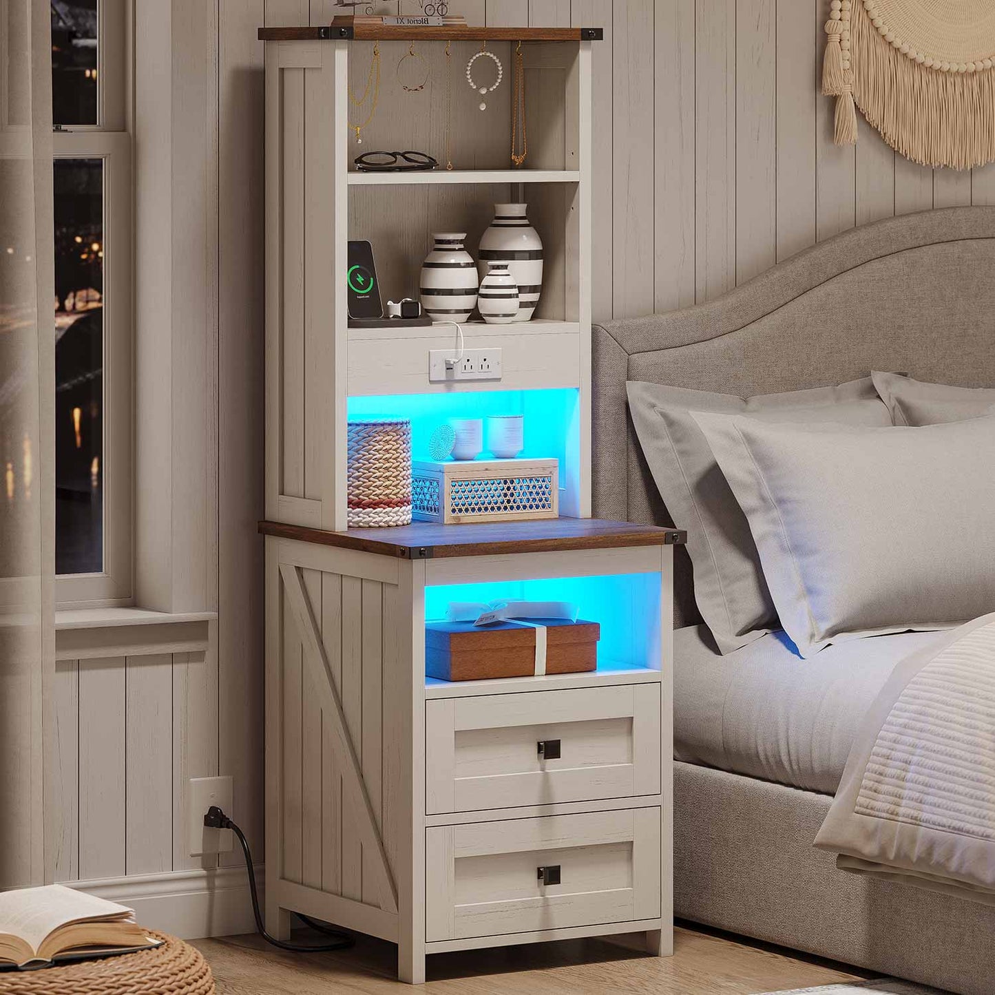 AOGLLATI Nightstands Antique White / Engineered Wood / Farmhouse Tall Nightstand with Charging Station Antique White