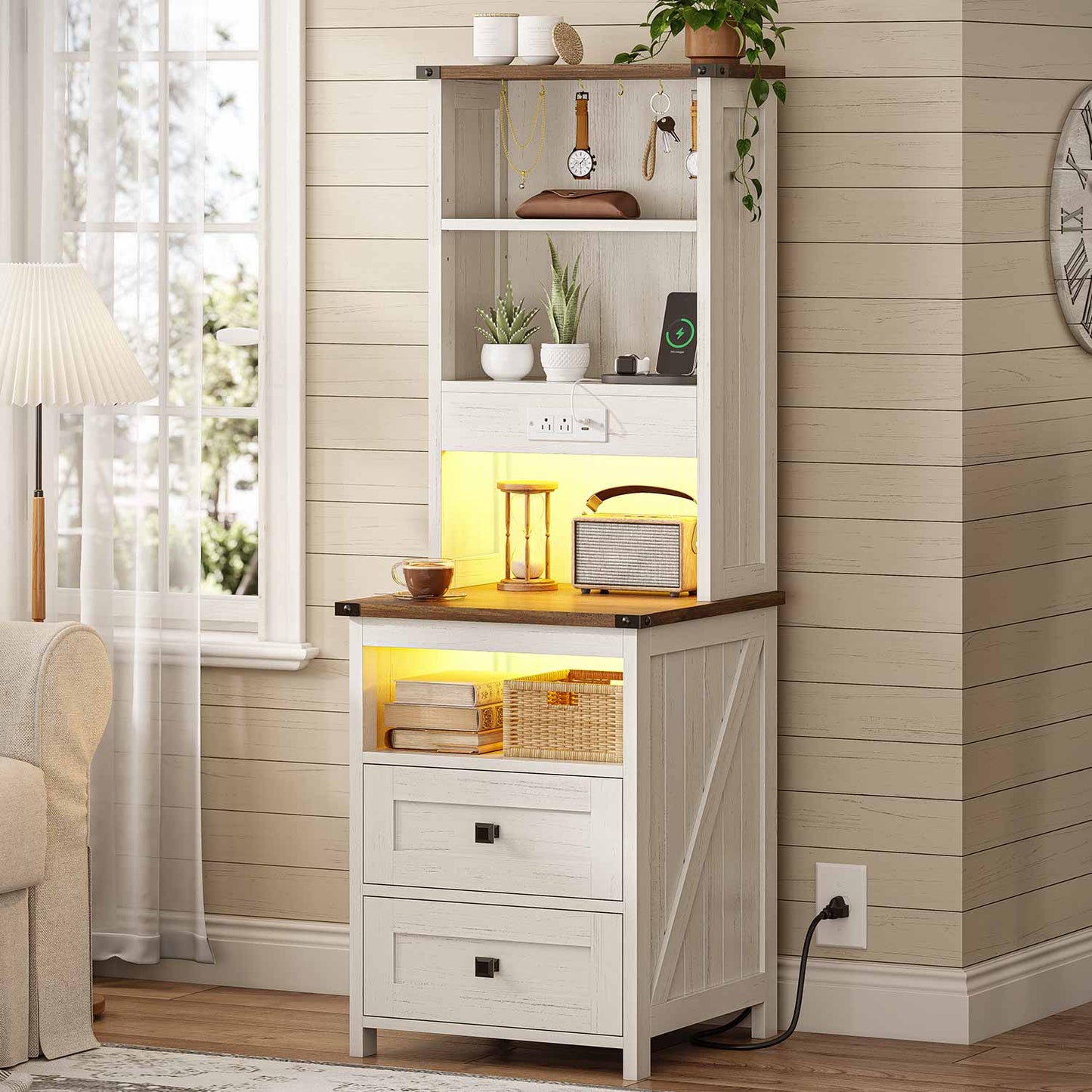 AOGLLATI Nightstands Antique White / Engineered Wood / Farmhouse Tall Nightstand with Charging Station Antique White