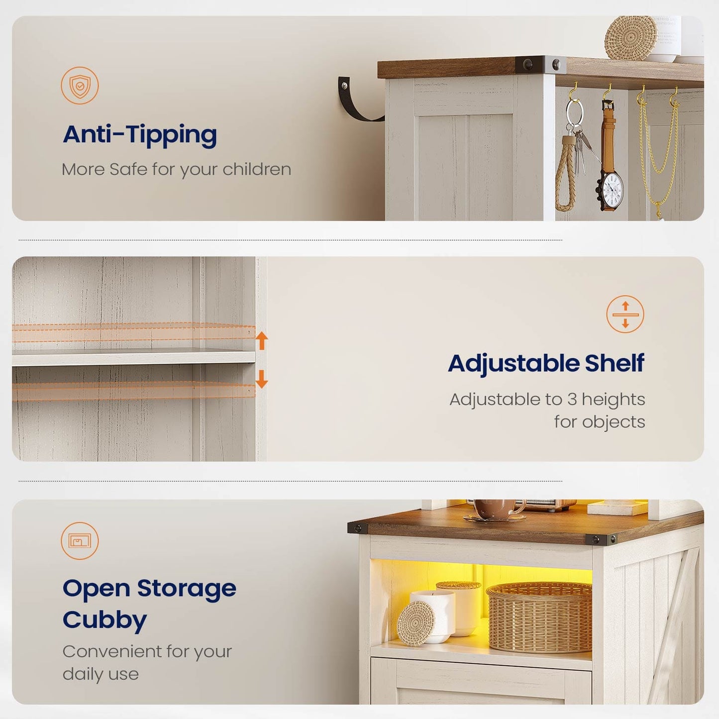 AOGLLATI Nightstands Antique White / Engineered Wood / Farmhouse Tall Nightstand with Charging Station Antique White