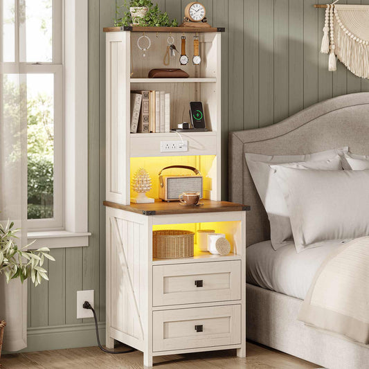 AOGLLATI Nightstands Antique White / Engineered Wood / Farmhouse Tall Nightstand with Charging Station Antique White