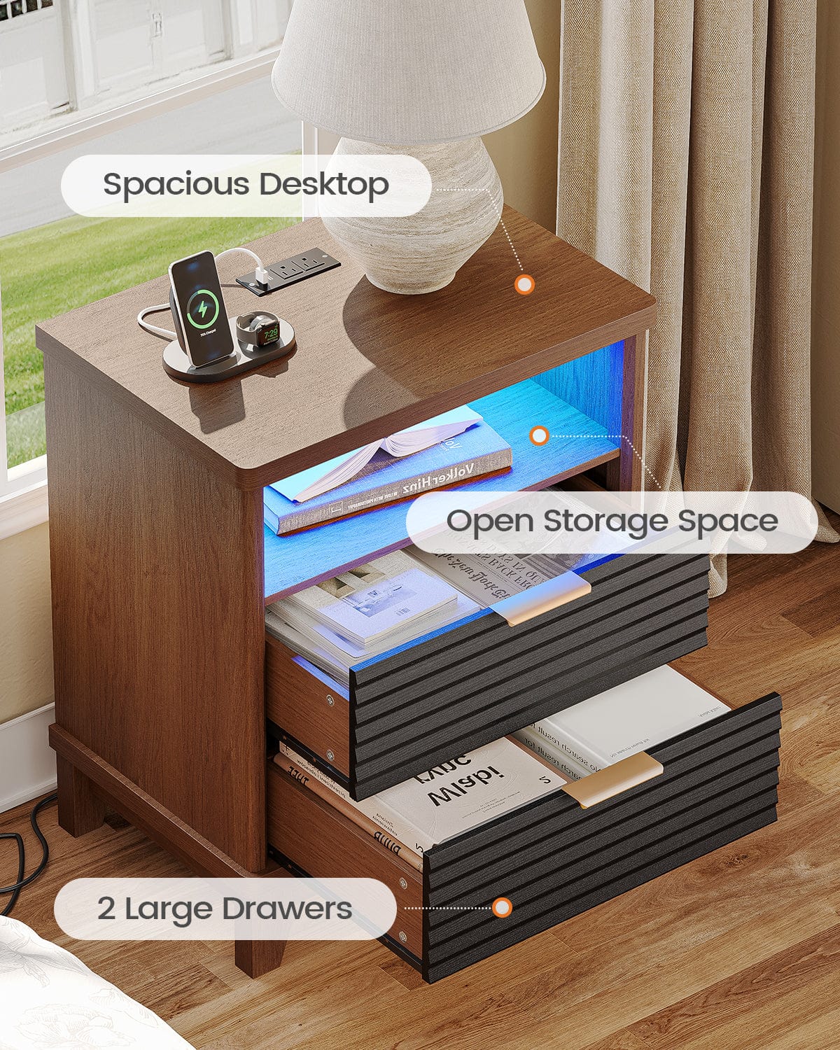 AOGLLATI Nightstands Black / Engineered Wood / Mid-Century Modern Fluted Nightstand with LED Lights Black