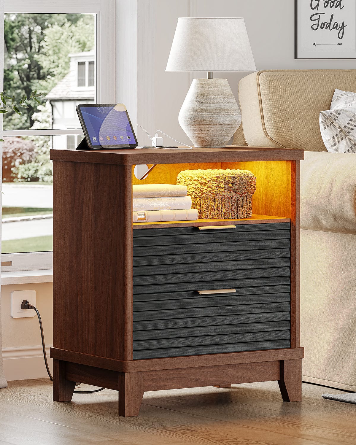 AOGLLATI Nightstands Black / Engineered Wood / Mid-Century Modern Fluted Nightstand with LED Lights Black