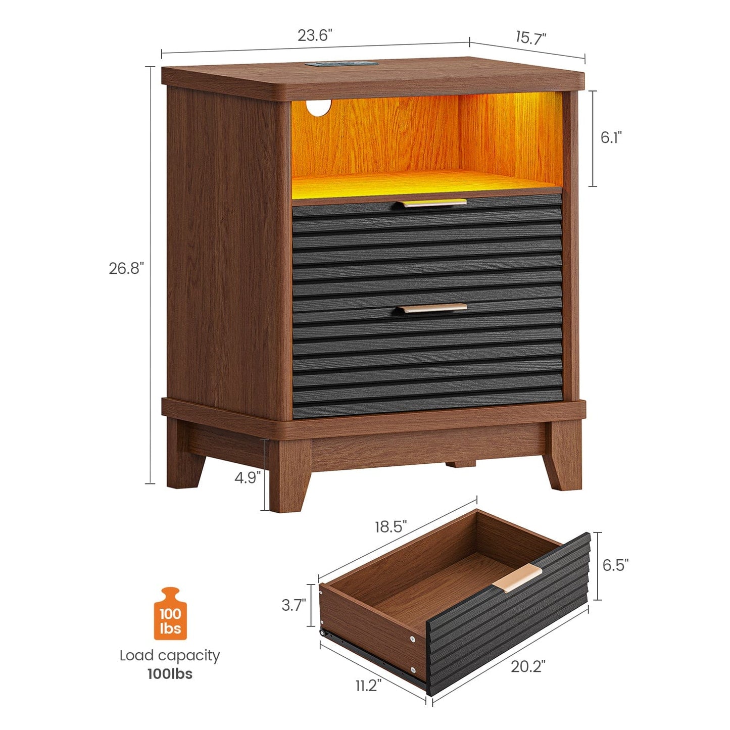 AOGLLATI Nightstands Black / Engineered Wood / Mid-Century Modern Fluted Nightstand with LED Lights Black