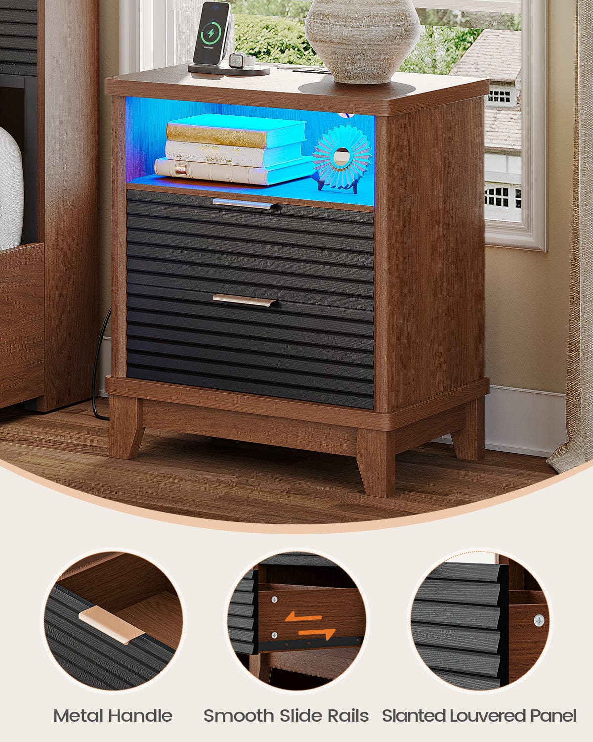 AOGLLATI Nightstands Black / Engineered Wood / Mid-Century Modern Fluted Nightstand with LED Lights Black