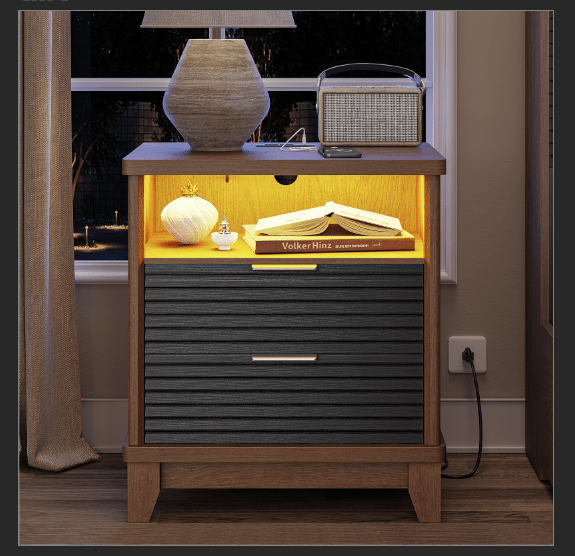 AOGLLATI Nightstands Black / Engineered Wood / Mid-Century Modern Fluted Nightstand with LED Lights Black