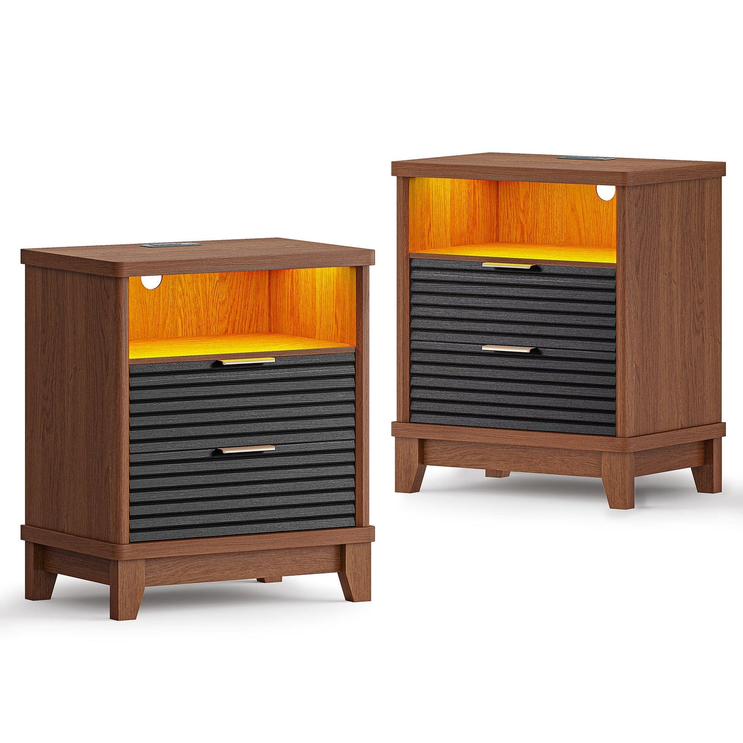 AOGLLATI Nightstands Black / Engineered Wood / Mid-Century Modern Fluted Nightstand with LED Lights Black