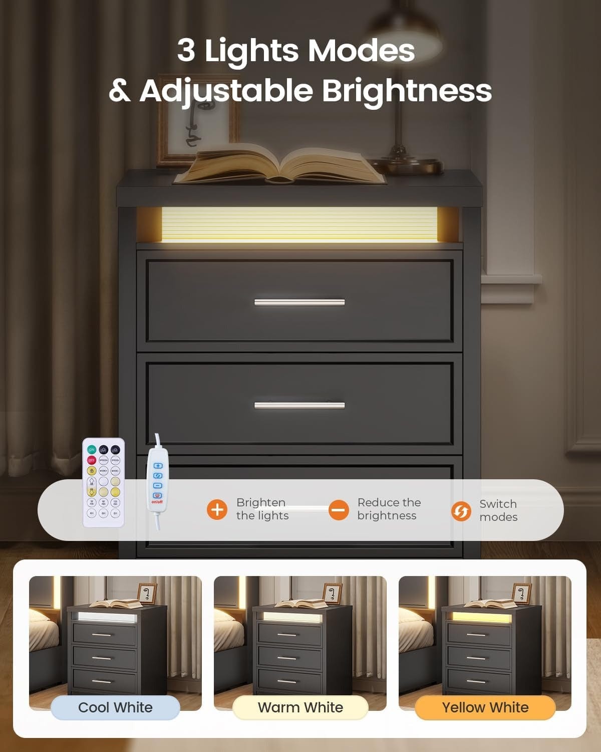 AOGLLATI Nightstands Black / Engineered Wood / Mid-Century Modern Nightstand with 3 Color Lightbox