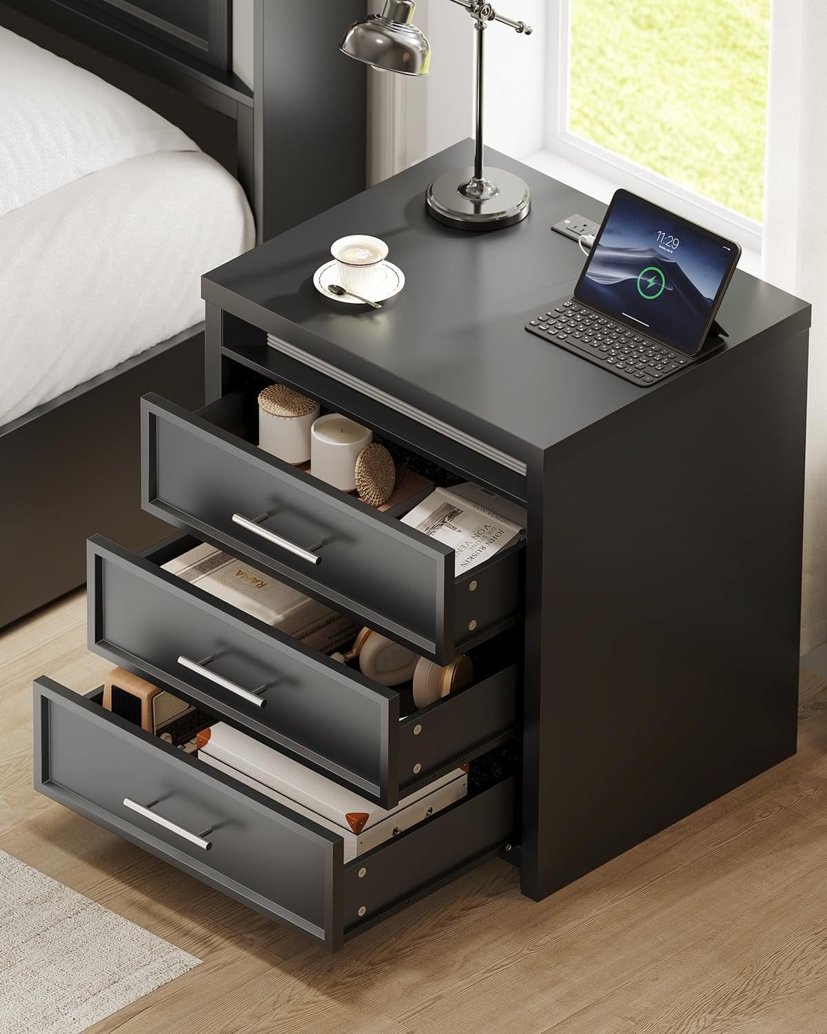 AOGLLATI Nightstands Black / Engineered Wood / Mid-Century Modern Nightstand with 3 Color Lightbox