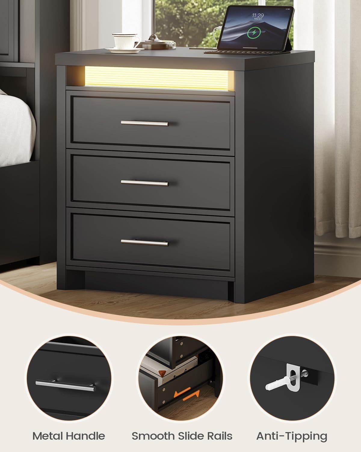 AOGLLATI Nightstands Black / Engineered Wood / Mid-Century Modern Nightstand with 3 Color Lightbox
