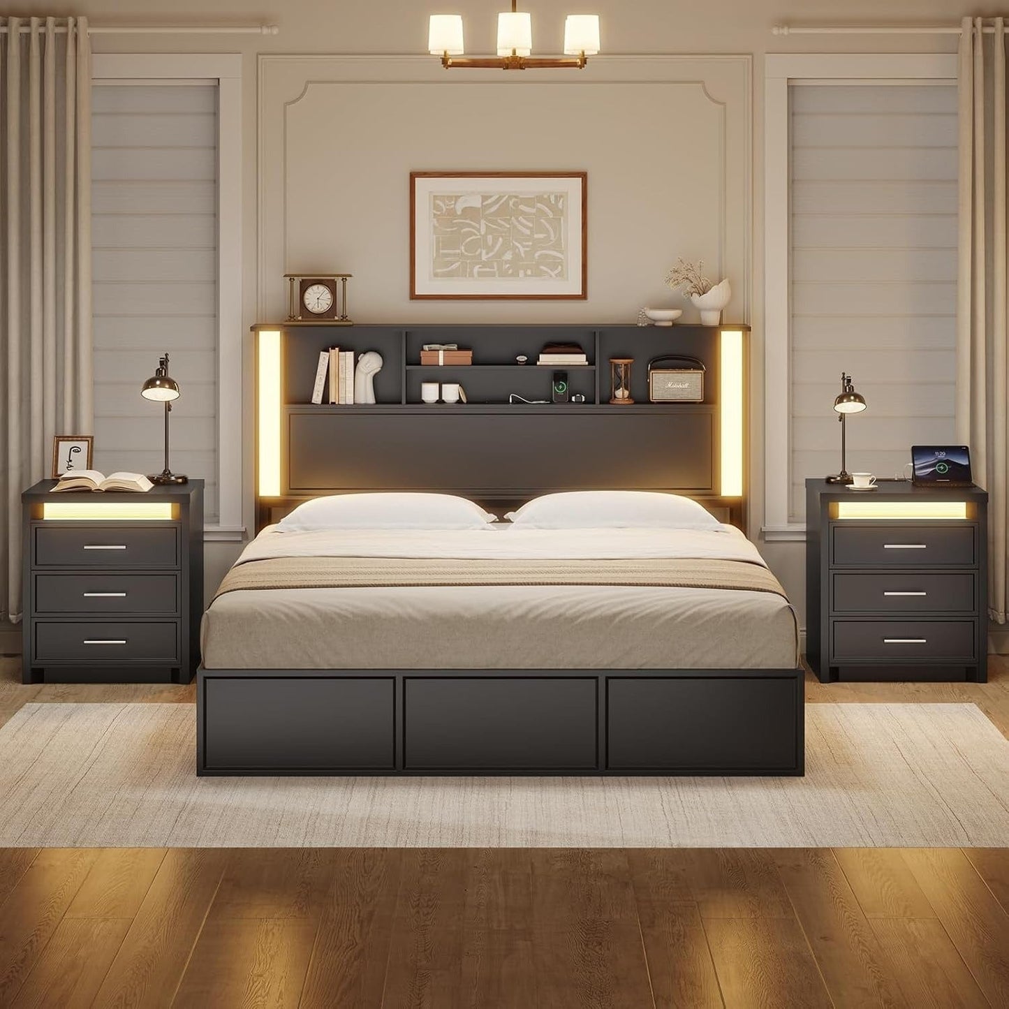 AOGLLATI Nightstands Black / Engineered Wood / Mid-Century Modern Nightstand with 3 Color Lightbox