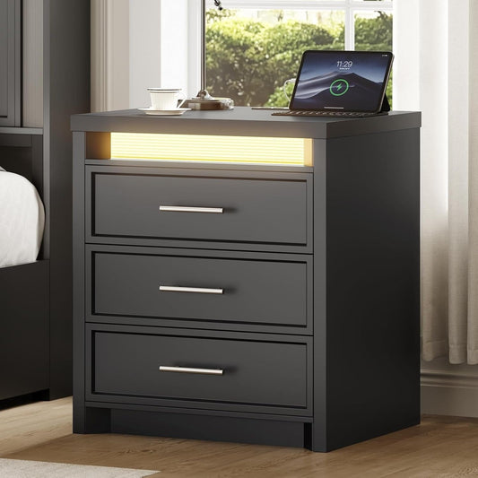 AOGLLATI Nightstands Black / Engineered Wood / Mid-Century Modern Nightstand with 3 Color Lightbox