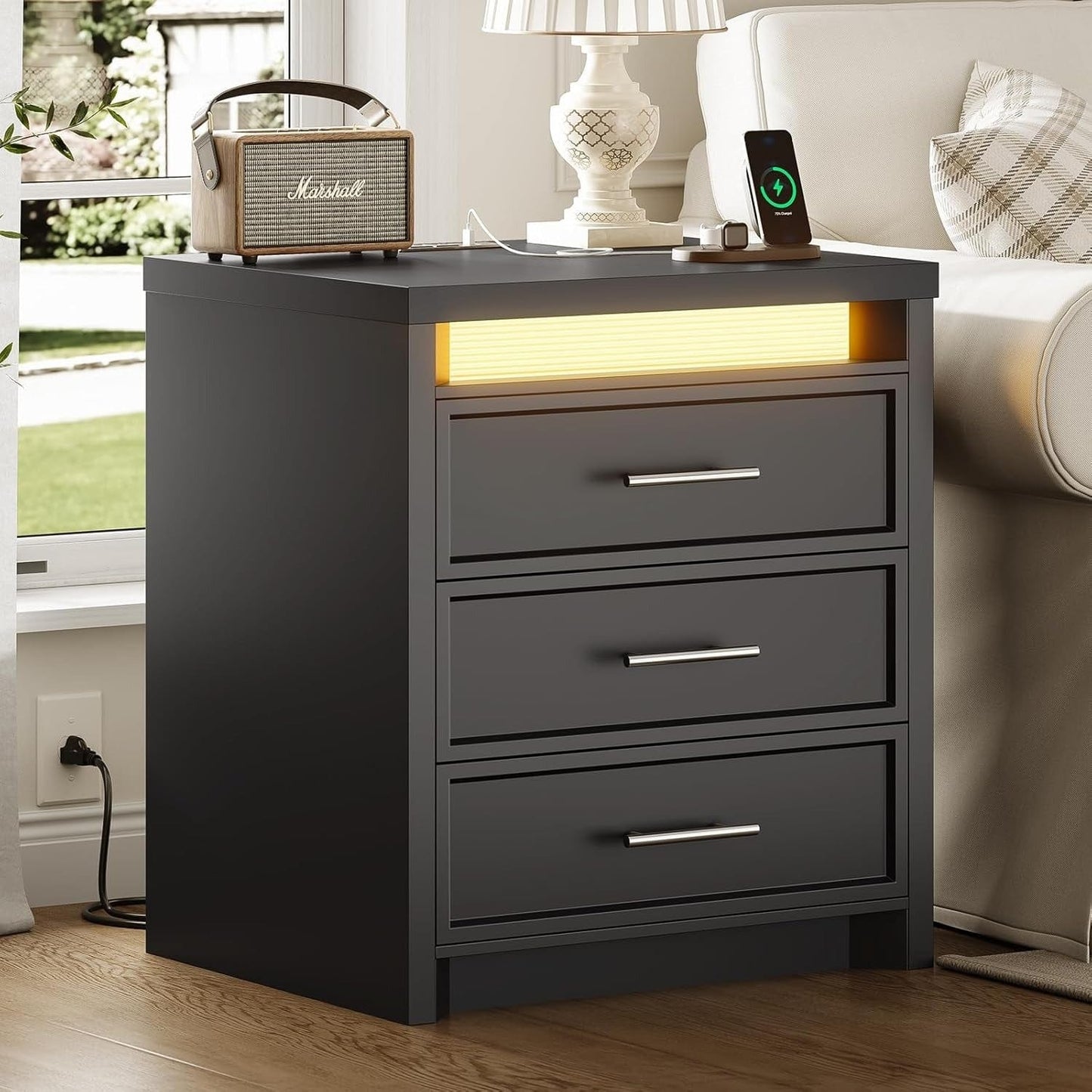 AOGLLATI Nightstands Black / Engineered Wood / Mid-Century Modern Nightstand with 3 Color Lightbox