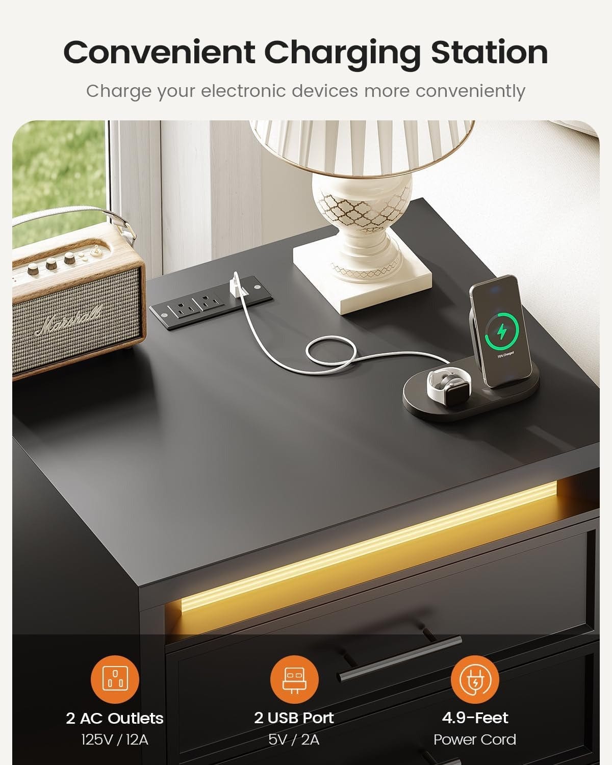 AOGLLATI Nightstands Black / Engineered Wood / Mid-Century Modern Nightstand with 3 Color Lightbox