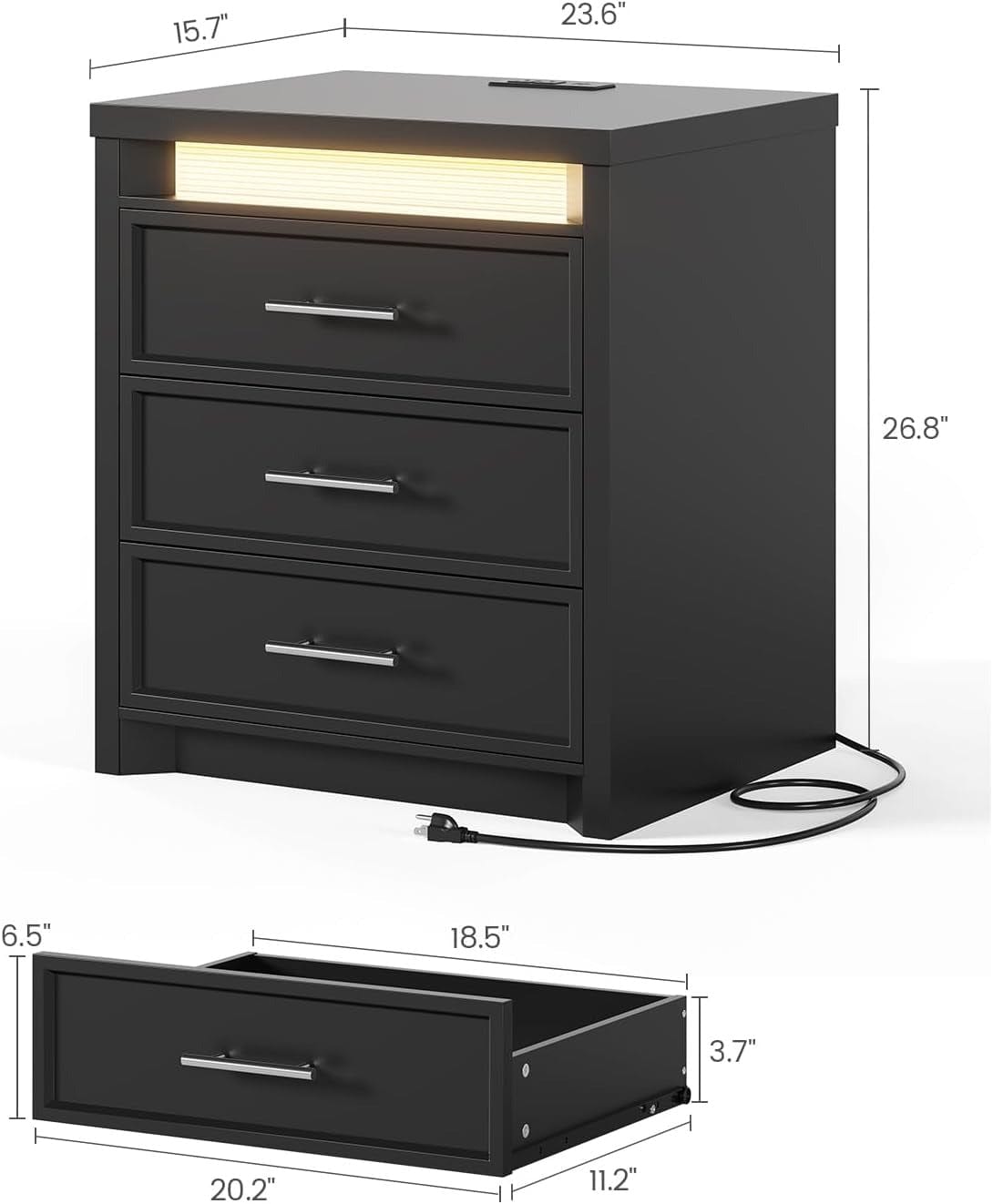 AOGLLATI Nightstands Black / Engineered Wood / Mid-Century Modern Nightstand with 3 Color Lightbox
