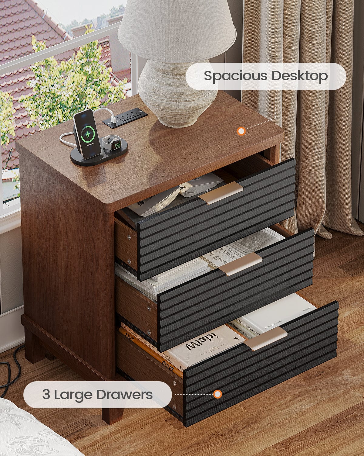 AOGLLATI Nightstands Black / Engineered Wood / Mid-Century Modern Slanted Louvered Design Nightstand